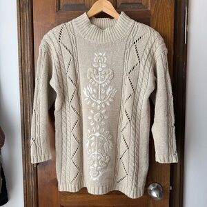 Vintage Beige Floral Mock Neck Knit Sweater Tapestries by Jamie Delaney - Small